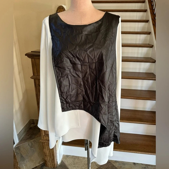 Zoi Black Asymmetrical Faux Leather Overlay Chiffon Blouse Women’s Size Small - Picture 2 of 5